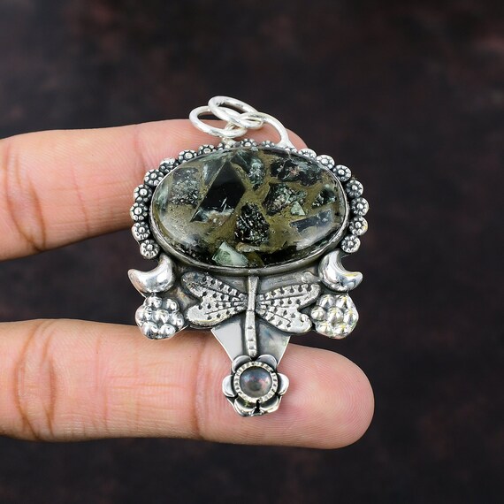 Seraphinite Gemstone Pendant: Sterling Silver Dragonfly Jewelry