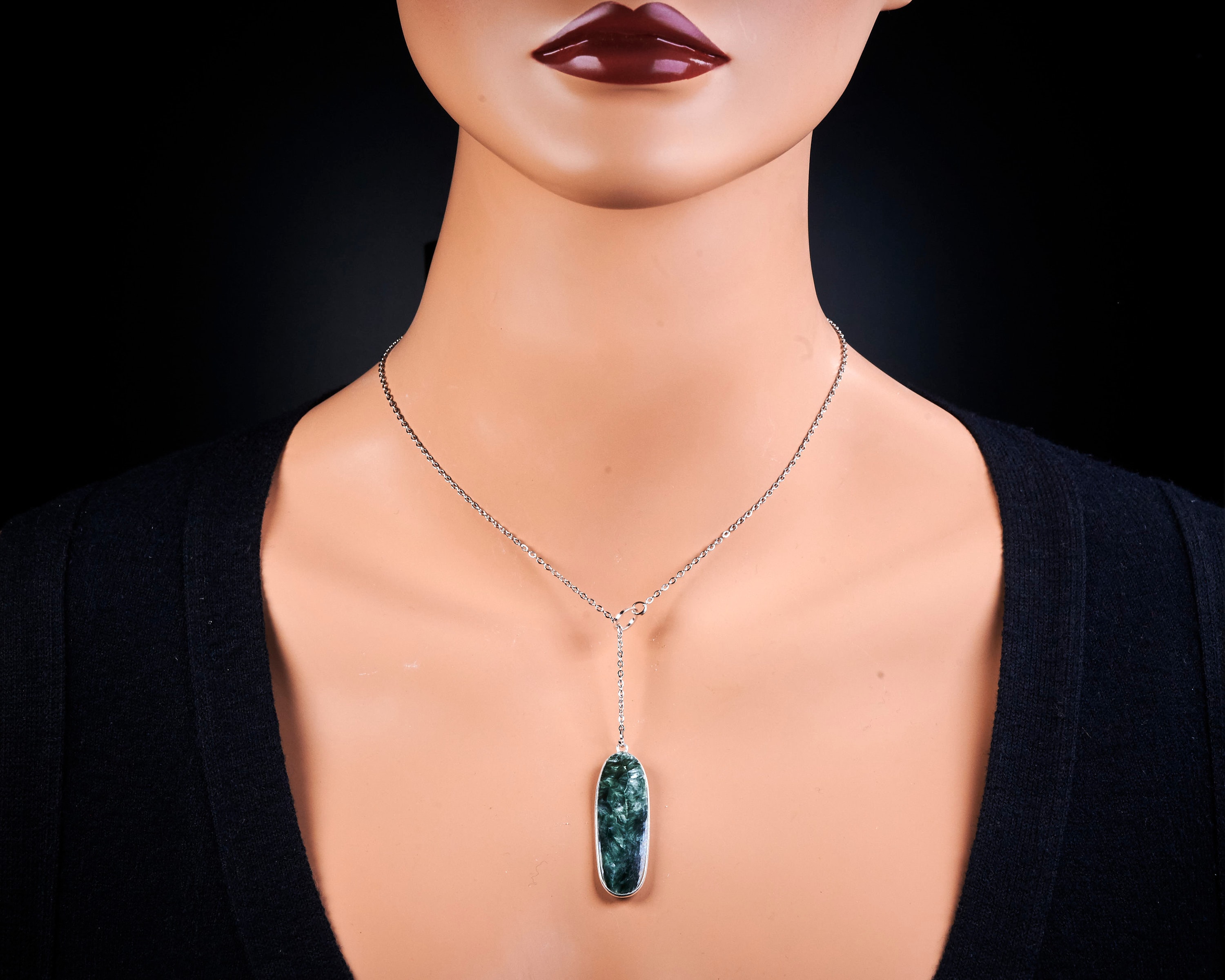 Seraphinite Pendant. Genuine Green Seraphinite Silver Pendant. Stainless Steel Chain Seraphinite Pendant. Genuine Green Seraphinite Silver Pendant. Stainless Steel Chain