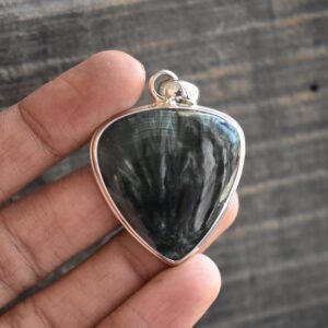 Green Seraphinite Gemstone Pendant, Unique 925 Silver Setting
