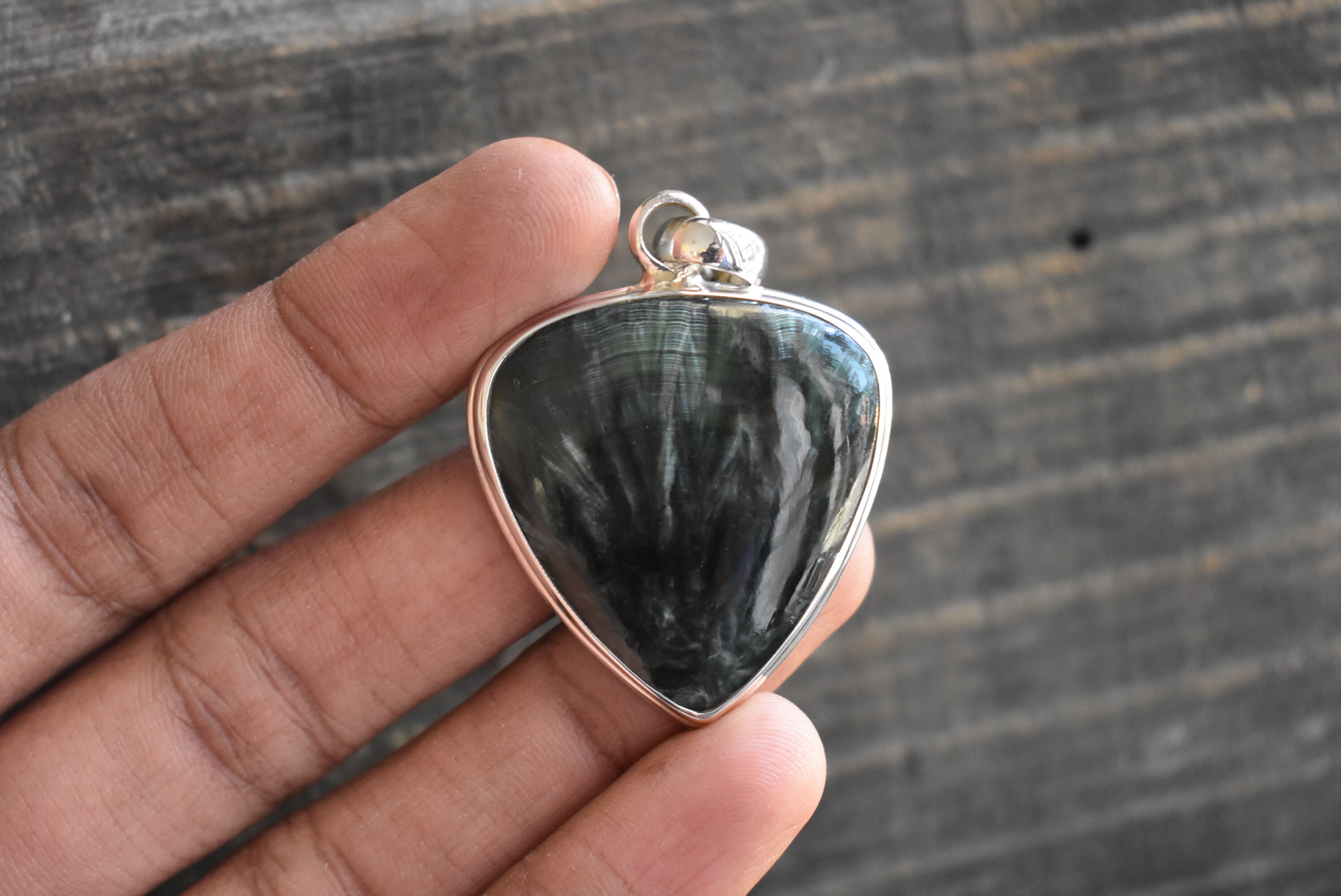 Green Seraphinite Gemstone Pendant, Unique 925 Silver Setting