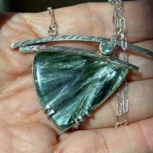 Green Iridescent Seraphinite Pendant, Sterling Silver Necklace, Modern Design, Angel Wings