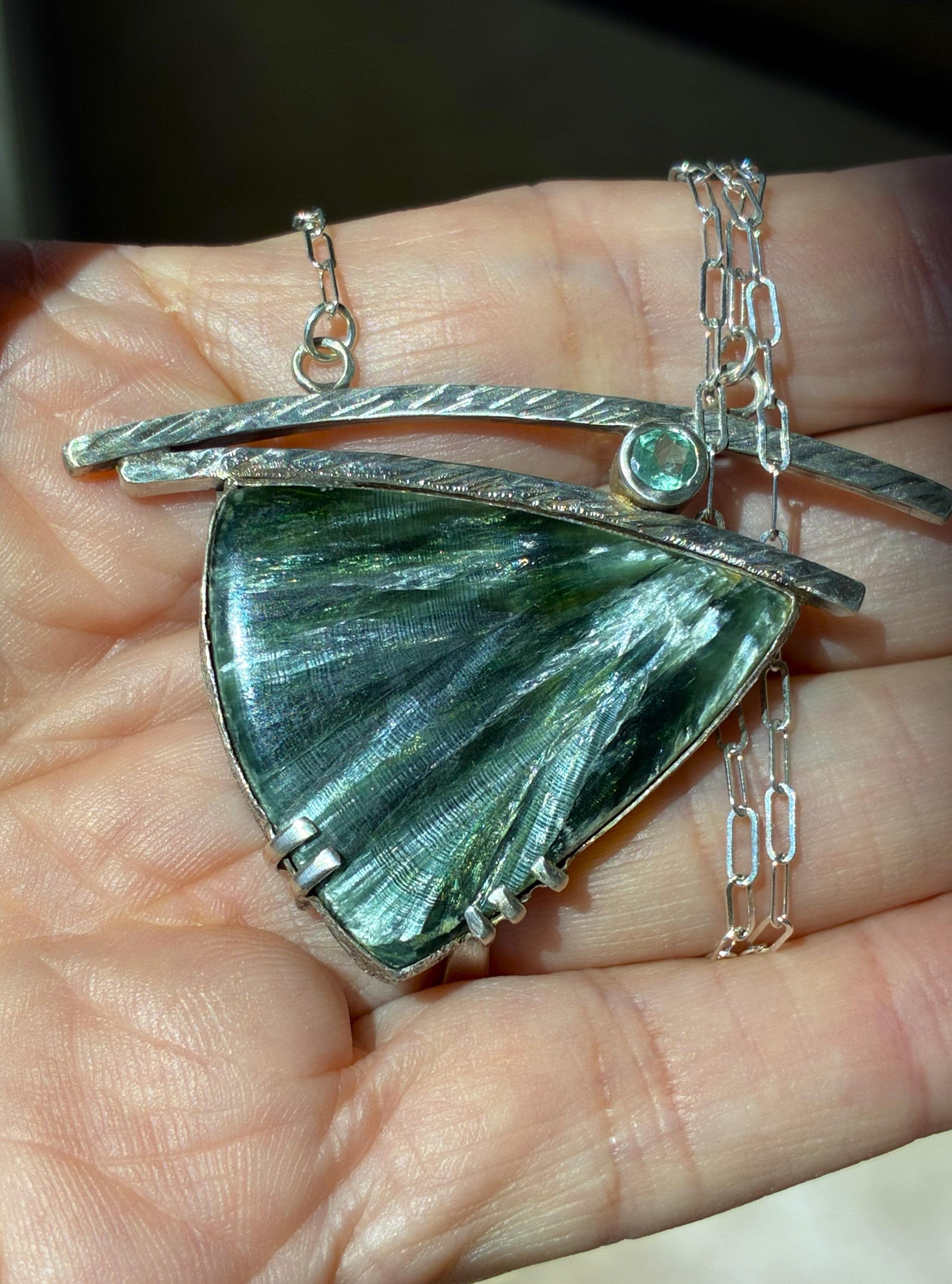 Green Iridescent Seraphinite Pendant, Sterling Silver Necklace, Modern Design, Angel Wings