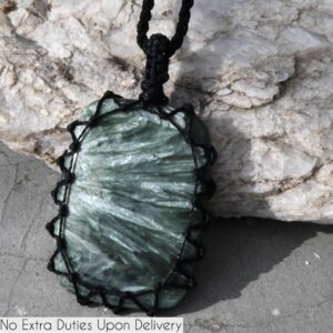 Green Seraphinite Stone Pendant Necklace, Men's Crystal Necklace, Heart Chakra & Sagittarius Jewelry, Macrame Pendant Spiritual Gift For Him