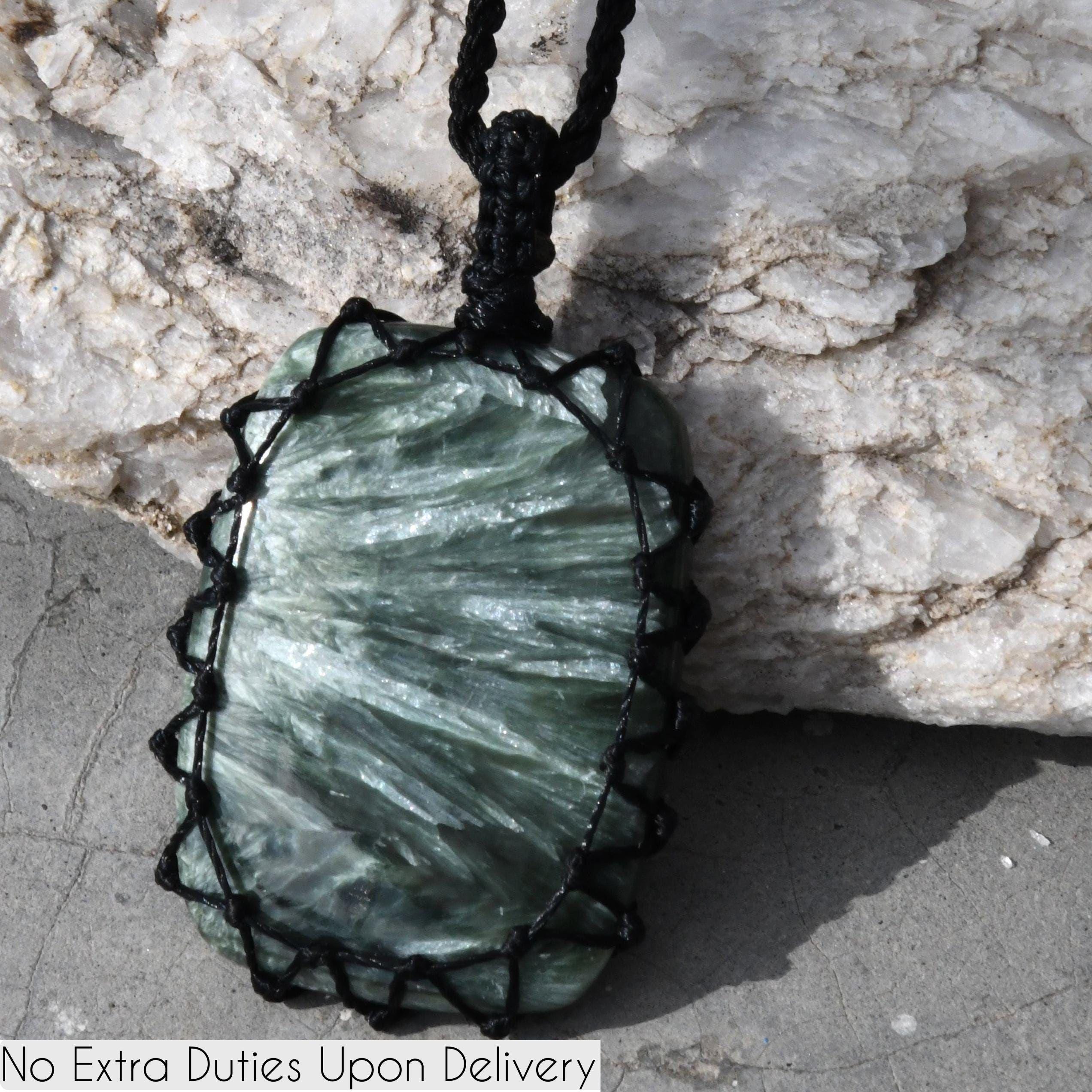 Green Seraphinite Stone Pendant Necklace, Men's Crystal Necklace, Heart Chakra & Sagittarius Jewelry, Macrame Pendant Spiritual Gift For Him