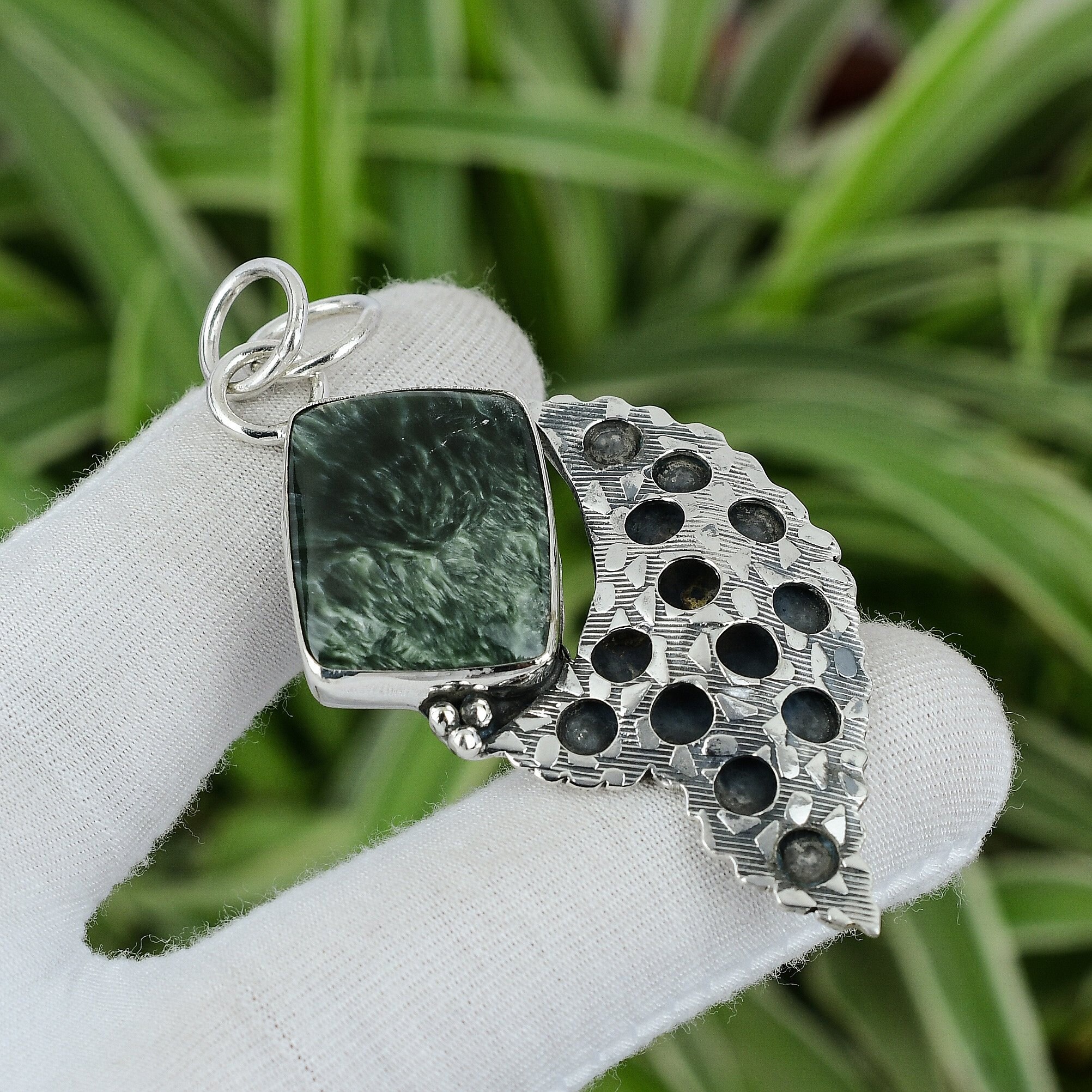 Handmade Seraphinite Pendant: 925 Sterling Silver Gemstone Jewelry