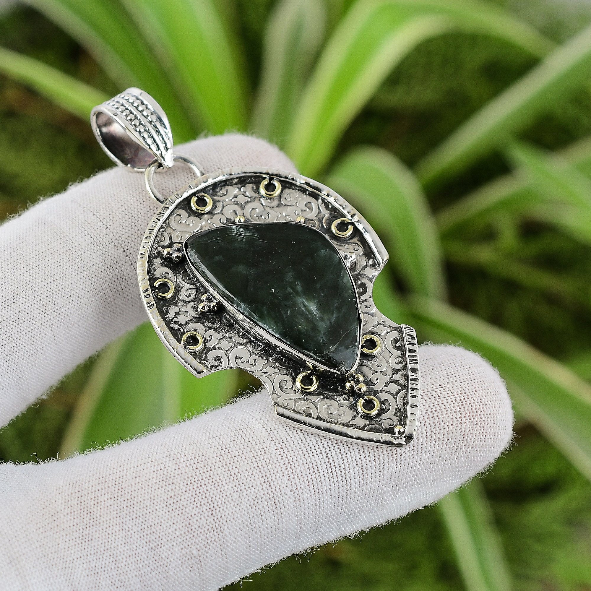 Handmade Seraphinite Pendant: 925 Sterling Silver, 18k Gold Plated