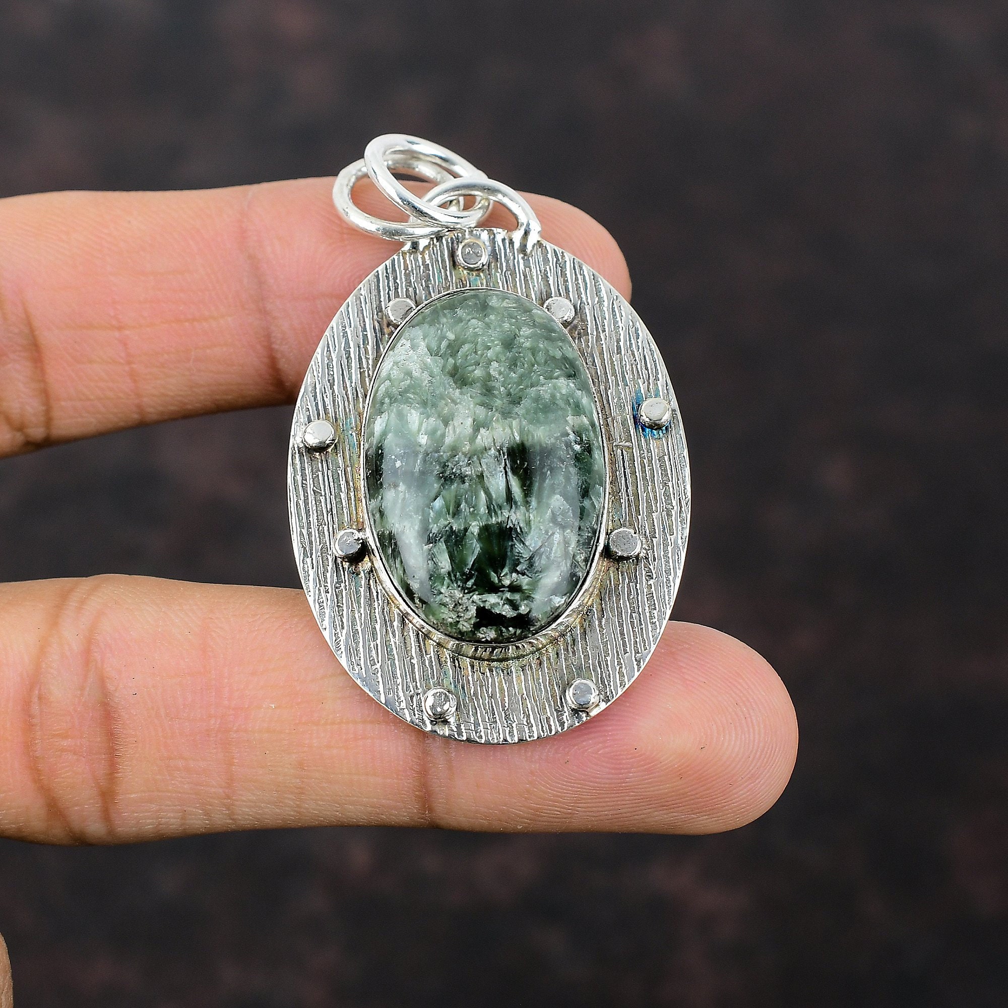 Handmade Seraphinite Pendant: 925 Sterling Silver Boho Jewelry