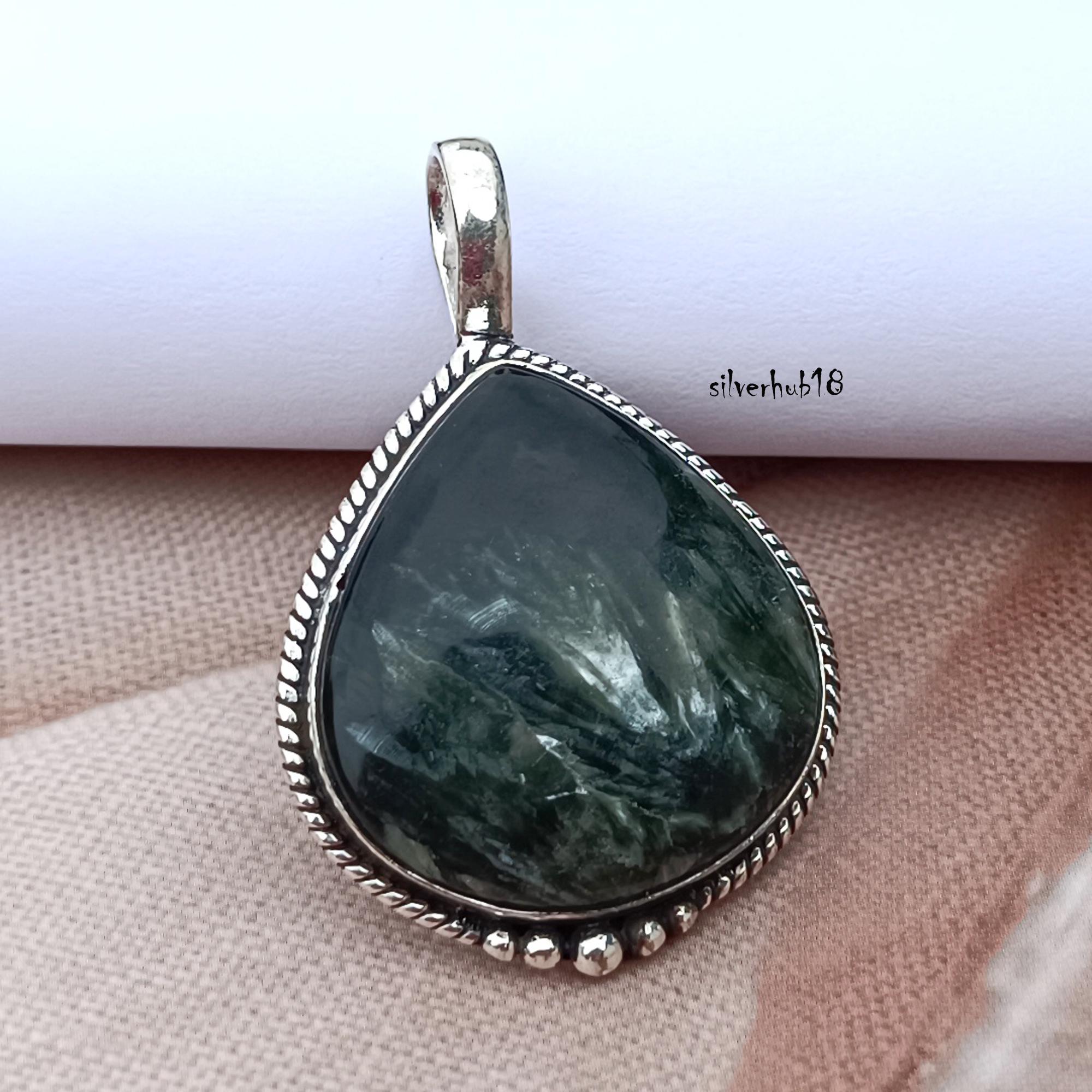 Handmade Seraphinite 925 Sterling Silver Pendant: Boho Jewelry