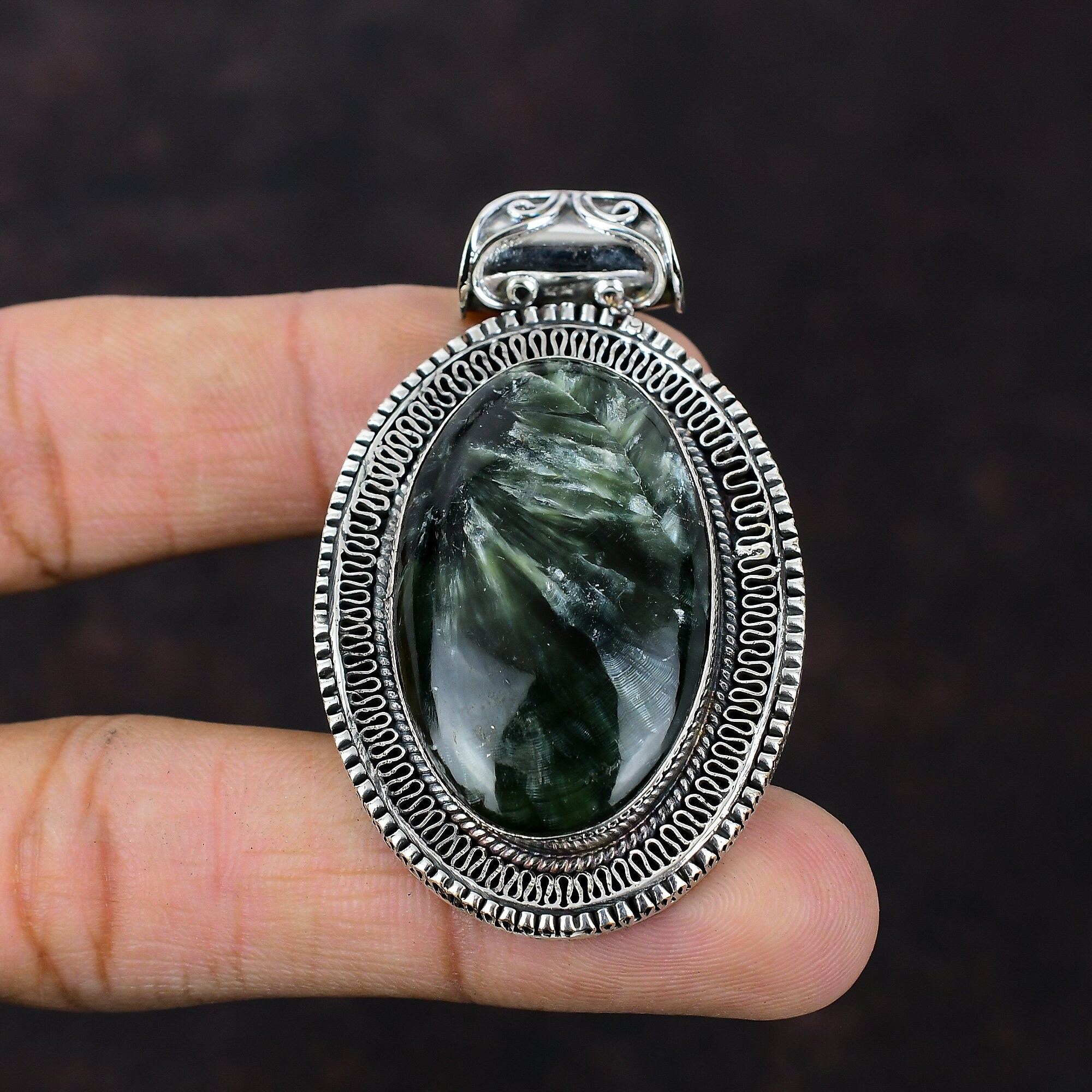 Handmade Seraphinite Pendant: 925 Sterling Silver Vintage Jewelry