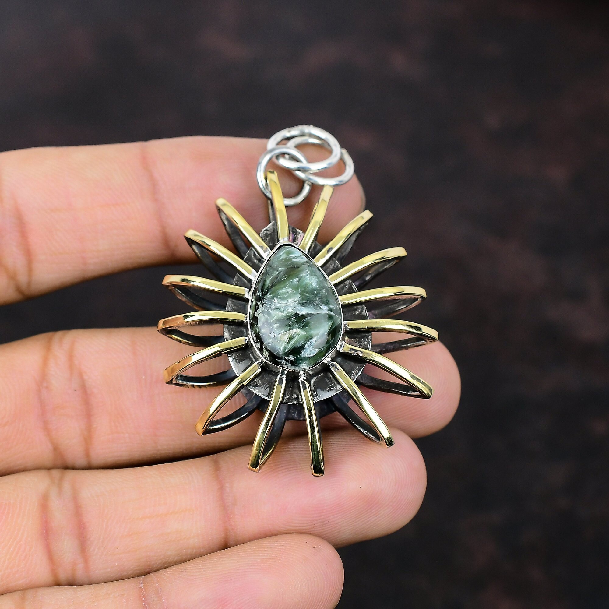Handmade Seraphinite Pendant: 925 Sterling Silver 18k Gold Plated Cage Jewelry