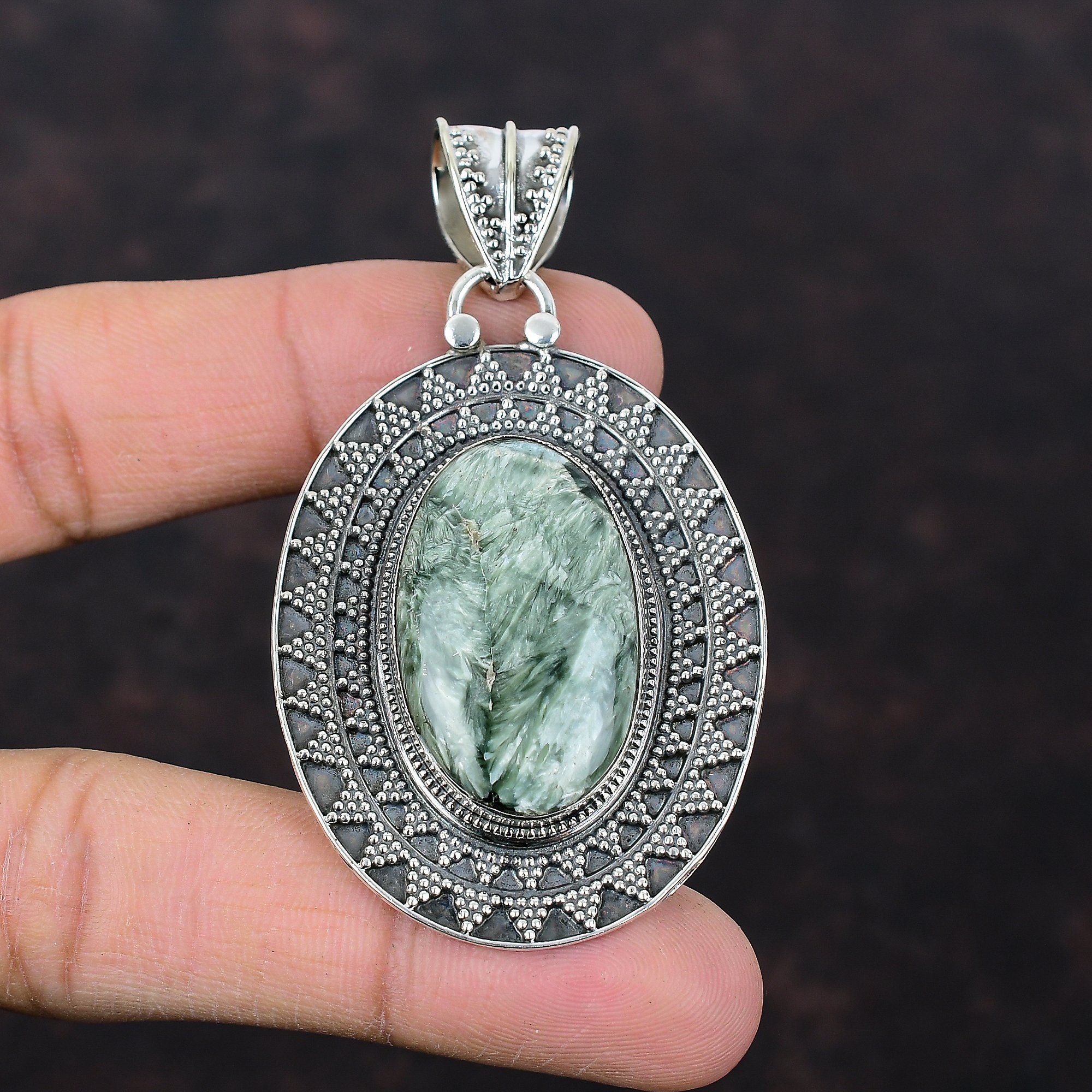 Handmade Seraphinite 925 Sterling Silver Pendant: Dainty Vintage Jewelry
