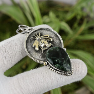 Handmade Seraphinite Pendant: 925 Sterling Silver, 18K Gold Bee