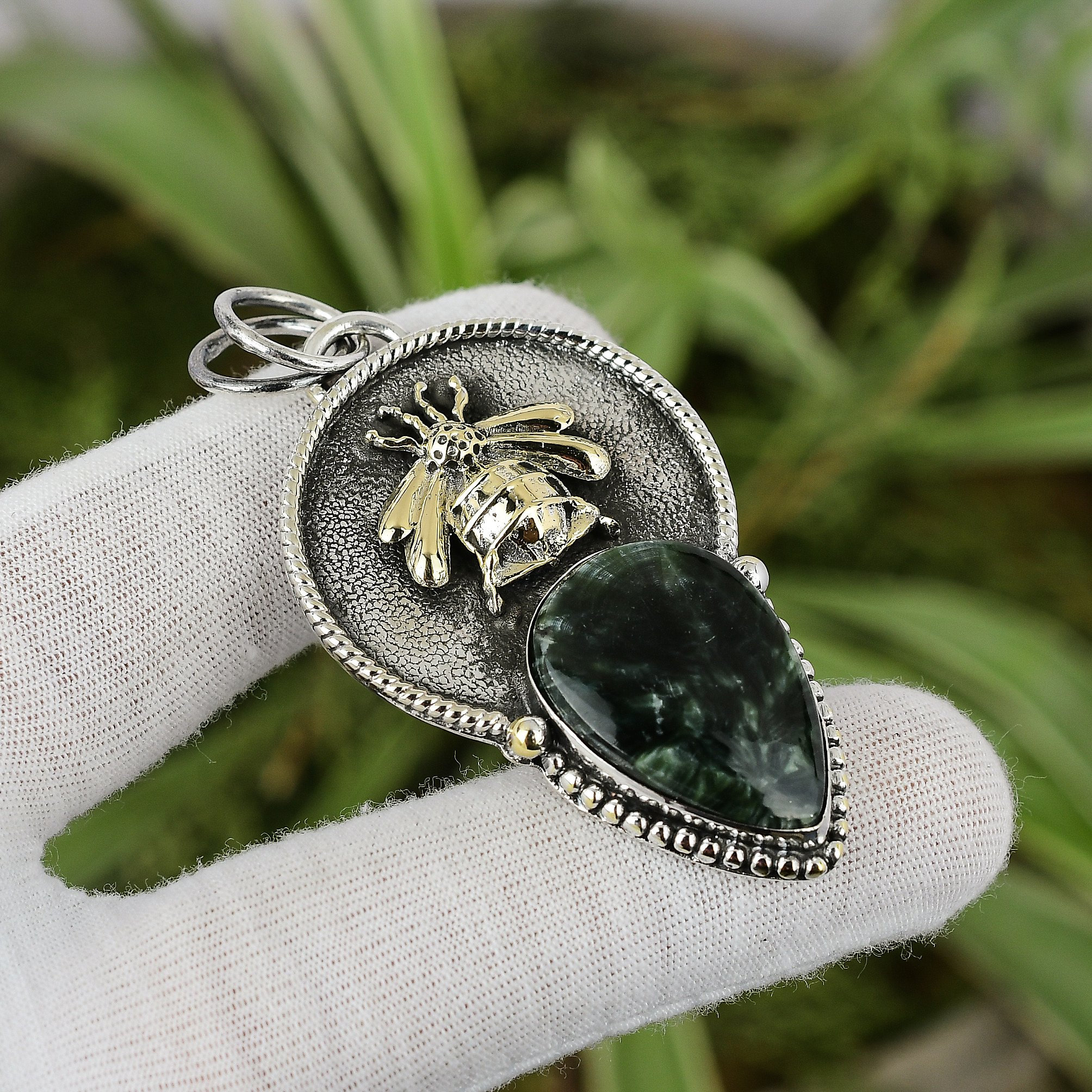 Handmade Seraphinite Pendant: 925 Sterling Silver, 18k Gold Bee