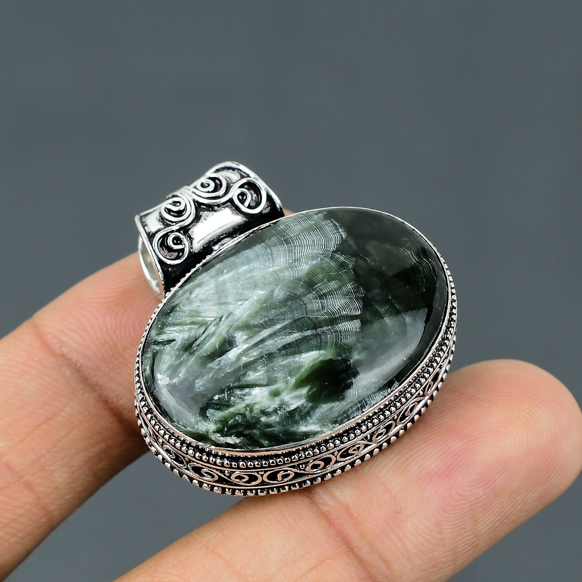 Handmade Seraphinite Pendant: 925 Sterling Silver, 18k Gold Plated
