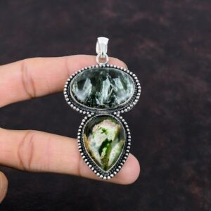 Handmade Seraphinite & Chrome Chalcedony 925 Sterling Silver Pendant