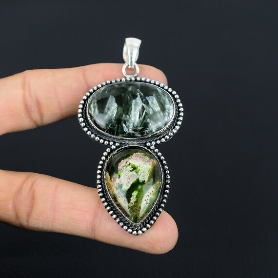 Handmade Seraphinite & Chrome Chalcedony 925 Sterling Silver Pendant