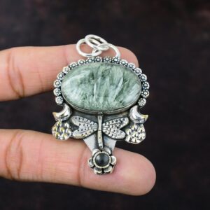 Handmade Seraphinite Dragonfly Pendant: 925 Sterling Silver Gemstone Jewelry