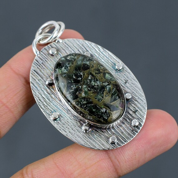 Handmade Seraphinite Gemstone Pendant: Boho 925 Sterling Silver Jewelry Handmade Seraphinite Gemstone Pendant: Boho 925 Sterling Silver Jewelry