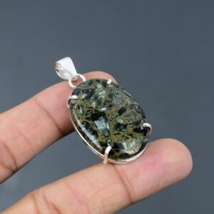 Handmade Seraphinite Gemstone Pendant: Ethnic Sterling Silver Jewelry