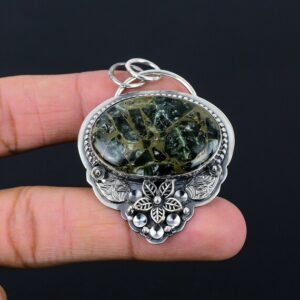 Handmade Seraphinite Pendant: Gemstone Flower Jewelry, 925 Sterling Silver
