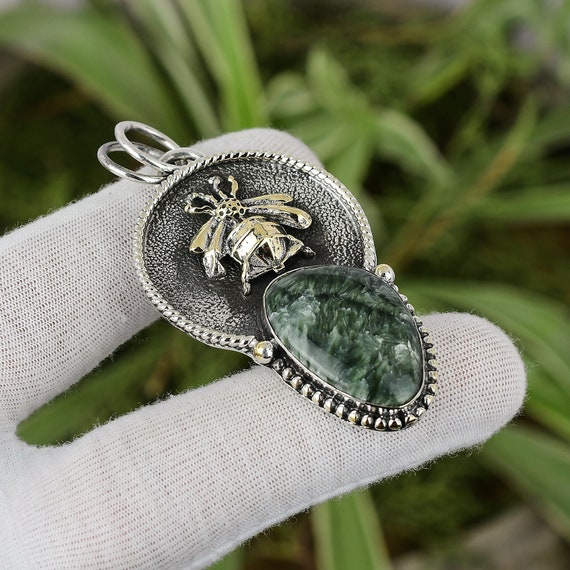 Handmade Seraphinite Gemstone Pendant: Sterling Silver 18k Gold Plated Spider Jewelry