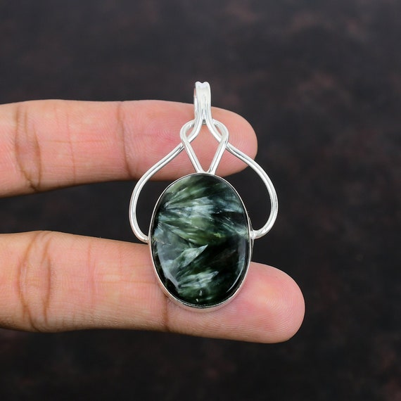 Handmade Seraphinite Pendant: Oval Gemstone, 925 Sterling Silver