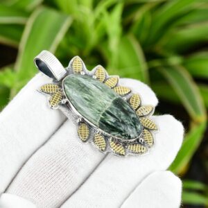 Handmade Seraphinite Pendant: Oval Green Gemstone, 925 Sterling Silver, 18k Gold Plated