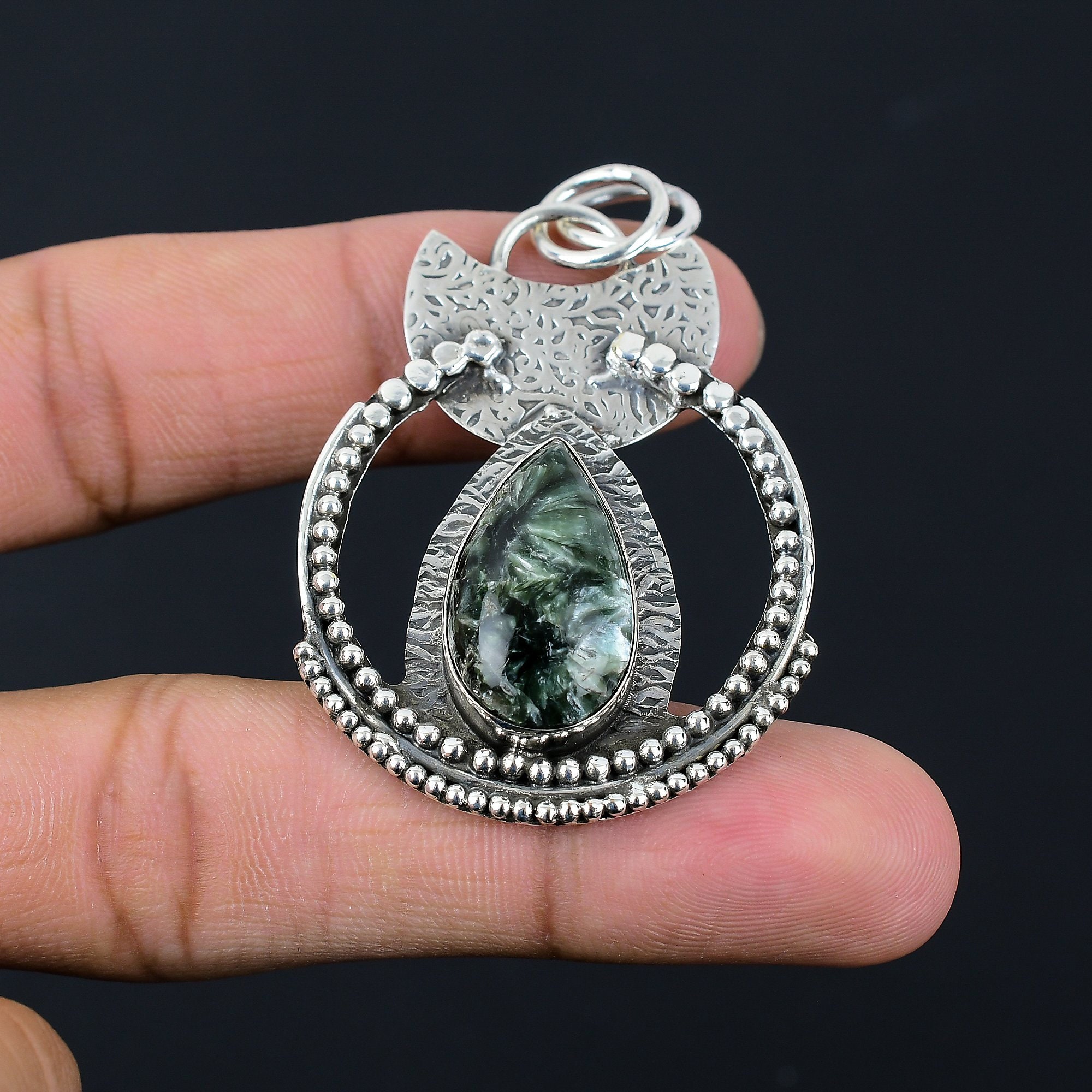 Handmade Pear Seraphinite 925 Sterling Silver Pendant (58 Mm) Handmade Pear Seraphinite 925 Sterling Silver Pendant (58 Mm)