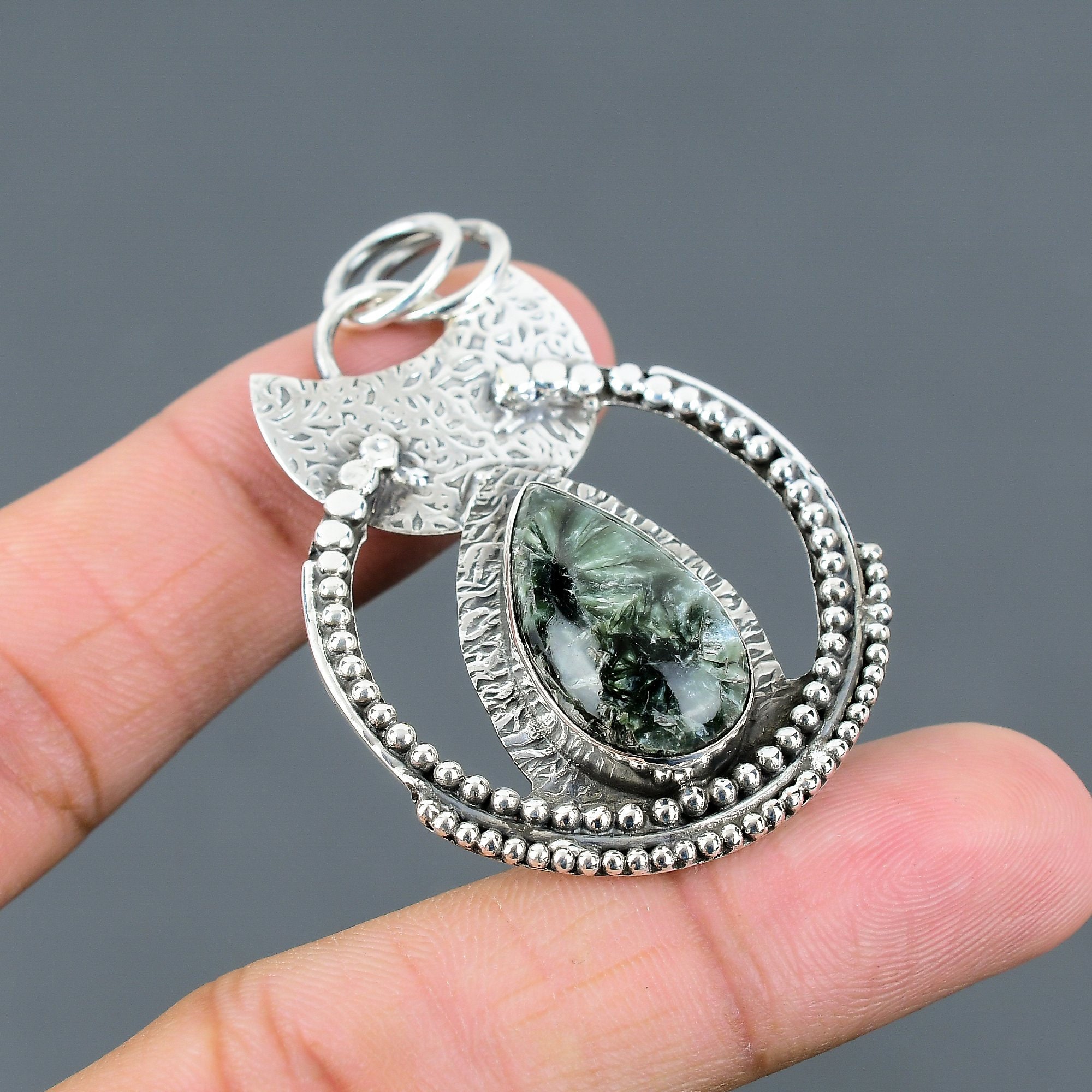 Handmade Seraphinite Pear Pendant: 925 Sterling Silver Gemstone Jewelry