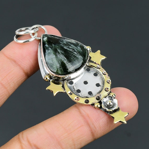 Handmade Seraphinite Star Pendant: 925 Sterling Silver, 18k Gold Plated