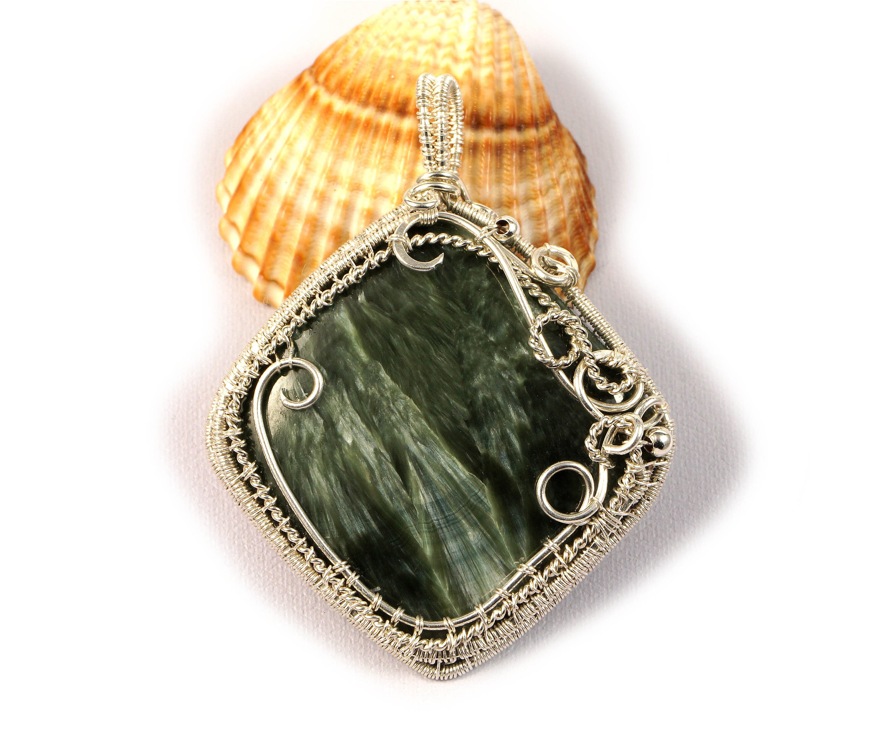 Handmade Sterling Silver Wire Wrapped Seraphinite Pendant Handmade Sterling Silver Wire Wrapped Seraphinite Pendant