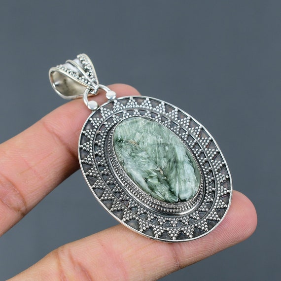 Handmade Seraphinite Pendant: Vintage 925 Sterling Silver Gemstone Jewelry