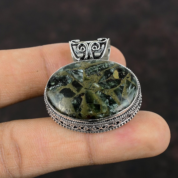 Handmade Seraphinite Pendant: Vintage Ethnic 925 Sterling Silver Jewelry