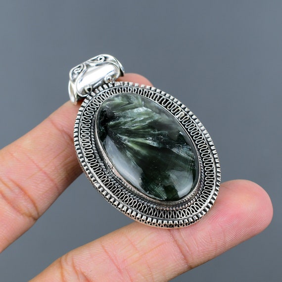 Handmade Seraphinite Pendant: Vintage Sterling Silver Gemstone Jewelry