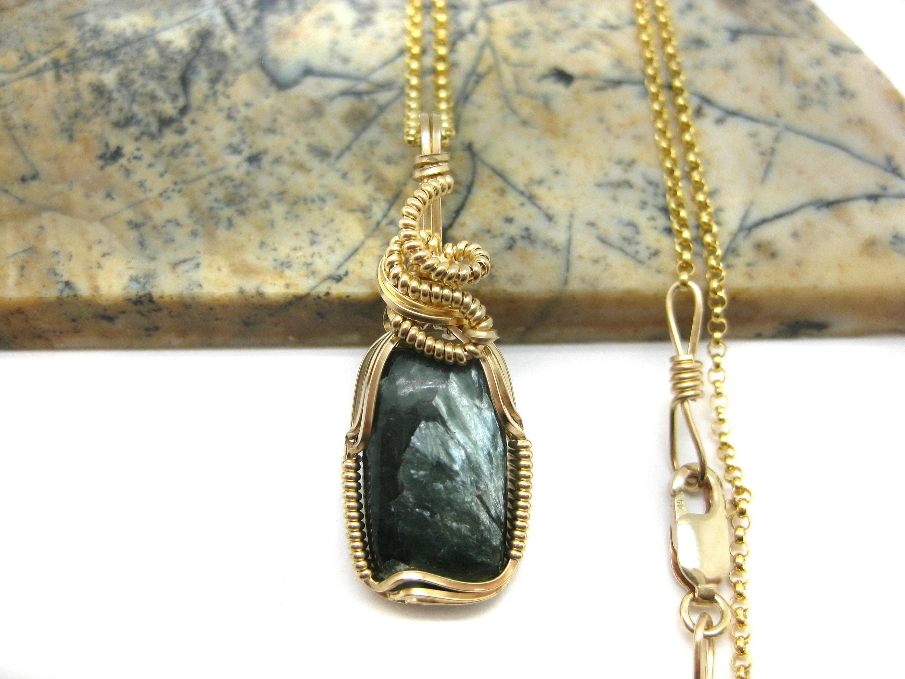 Natural Seraphinite (clinochlore) Pendant In 14k Gold Filled Wire W/free 18" 14k Gold Filled Chain (#3)