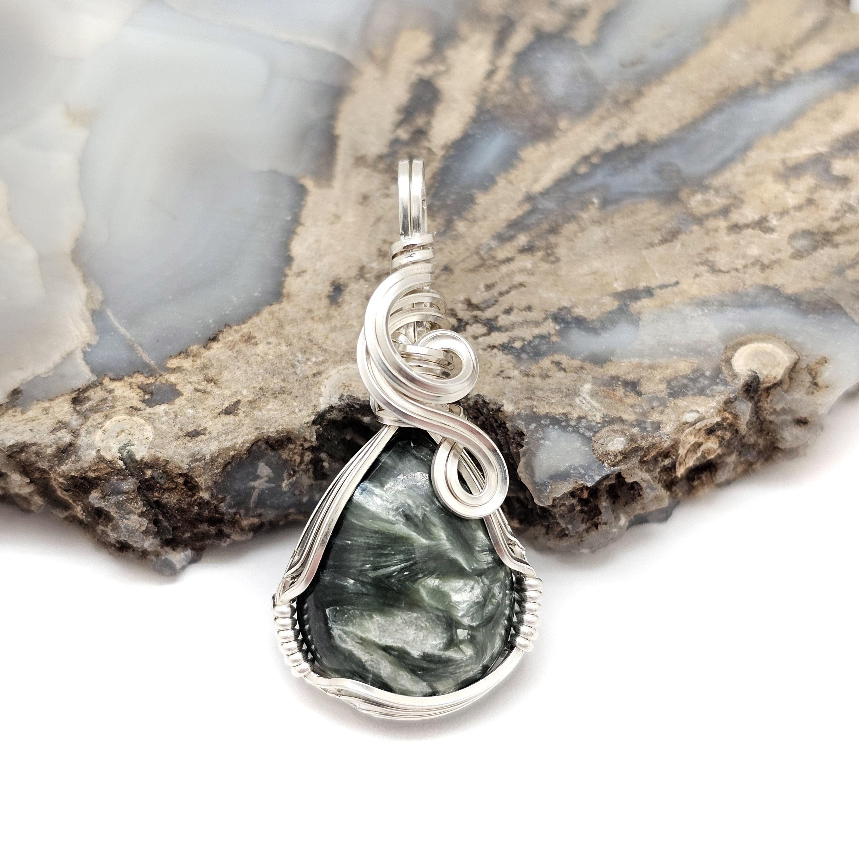 Natural Russian Seraphinite (clinochlore) Pendant In Sterling Silver Wire (#1) - Gorgeous Natural Color And Amazing Spray Pattern!