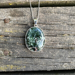Natural Seraphinite Stone Silver Necklace, Green Seraphinite Pendant, Open Back Skin Touch Design, Special Piece, Seraphinite Men Necklace