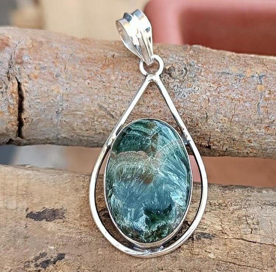 Seraphinite Sterling Silver Pendant: Natural Angel Stone Necklace Seraphinite Sterling Silver Pendant: Natural Angel Stone Necklace