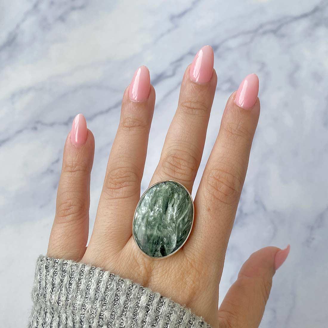 Seraphinite Adjustable Ring / 925 Sterling Silver / Healing Gemstone / Gifts For Her / Oval Cab /  Seraphinite Statement Ring / Ser-r-13.