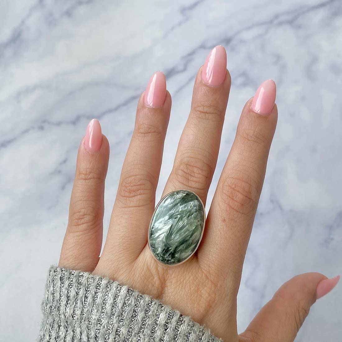 Seraphinite Adjustable Ring / 925 Sterling Silver / Healing Gemstone / Gifts For Her / Oval Cab /  Seraphinite Statement Ring / Ser-r-9.