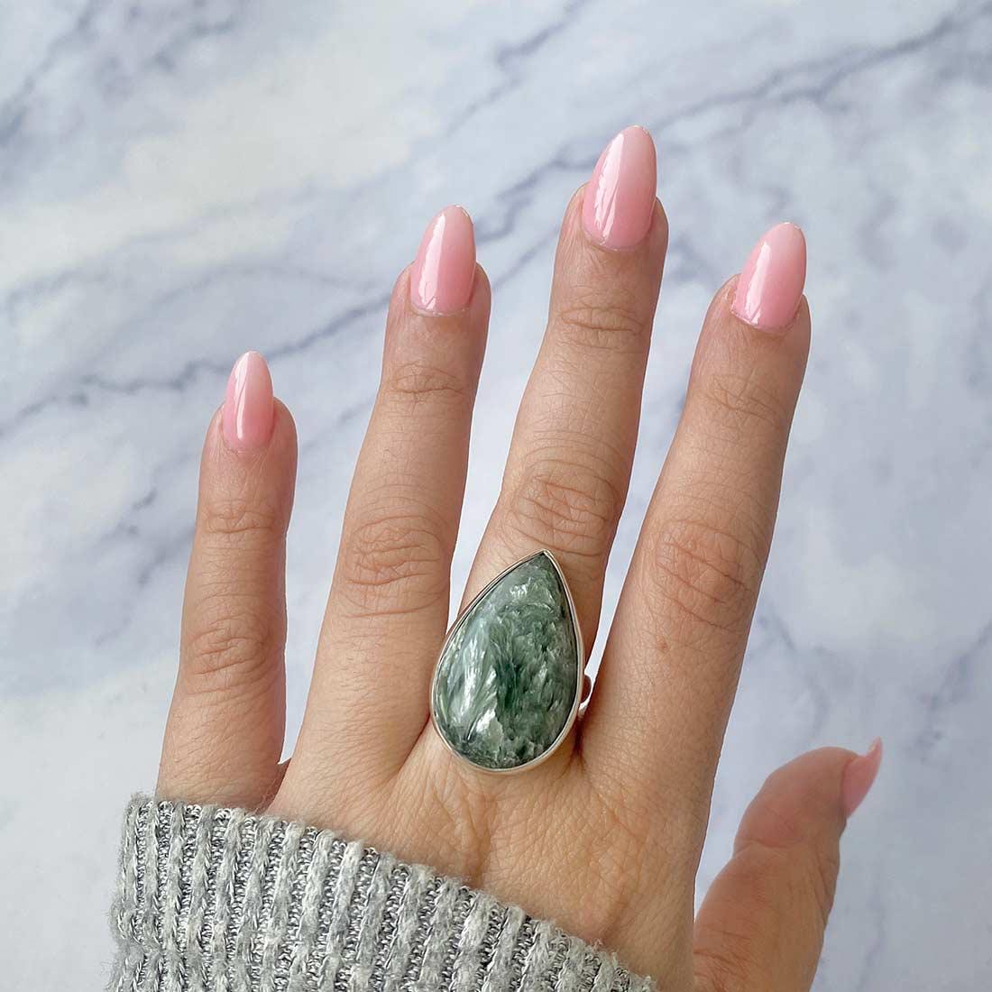 Seraphinite Adjustable Ring / 925 Sterling Silver / Healing Gemstone / Gifts For Her / Pear Cab /  Seraphinite Statement Ring / Ser-r-8.