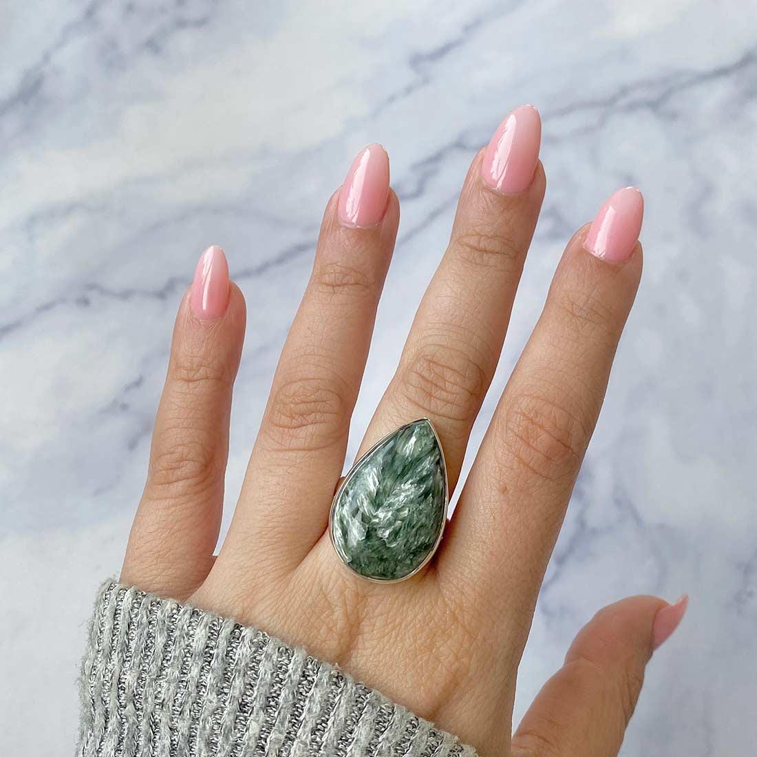 Seraphinite Adjustable Ring / 925 Sterling Silver / Healing Gemstone / Gifts For Her / Pear Cab / Seraphinite Statement Ring / Ser-r-35.