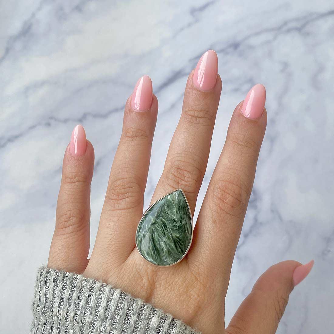 Seraphinite Adjustable Ring / 925 Sterling Silver / Healing Gemstone / Gifts For Her / Pear Cab /  Seraphinite Statement Ring / Ser-r-1.