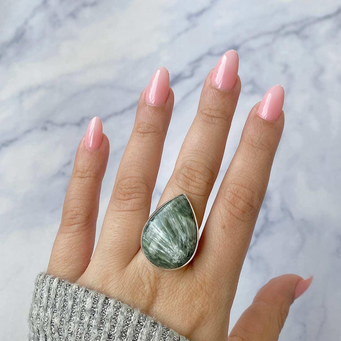 Seraphinite Adjustable Ring / 925 Sterling Silver / Healing Gemstone / Gifts For Her / Pear Cab /  Seraphinite Statement Ring / Ser-r-26.