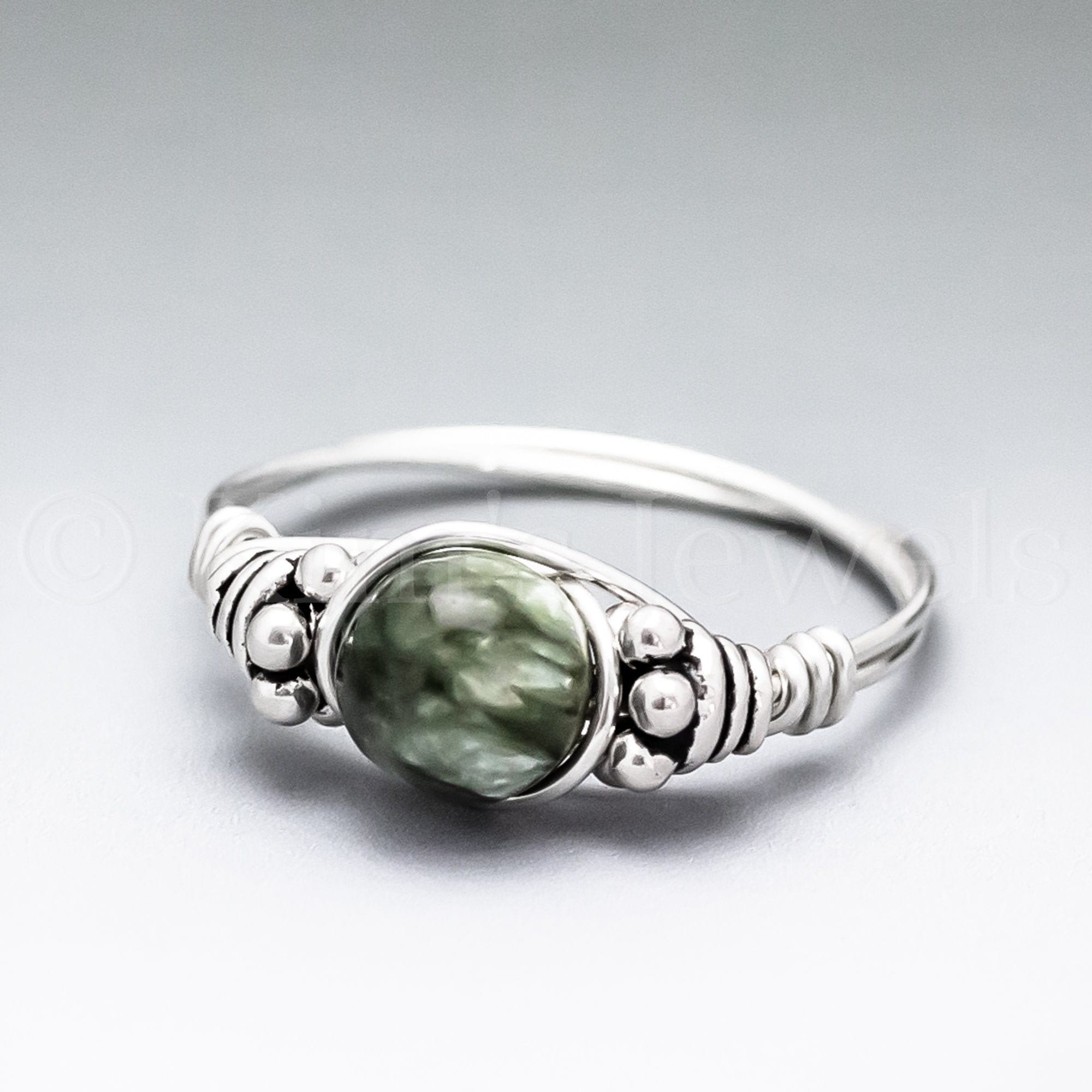 Seraphinite Clinochlore Bali Sterling Silver Wire Wrapped Gemstone Bead Ring - Made To Order