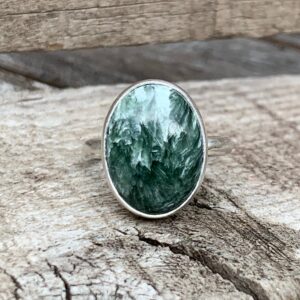 Elegant Luminescent Oval Green And White Seraphinite Sterling Silver Solitaire Ring | Swirly Gemstone Ring |