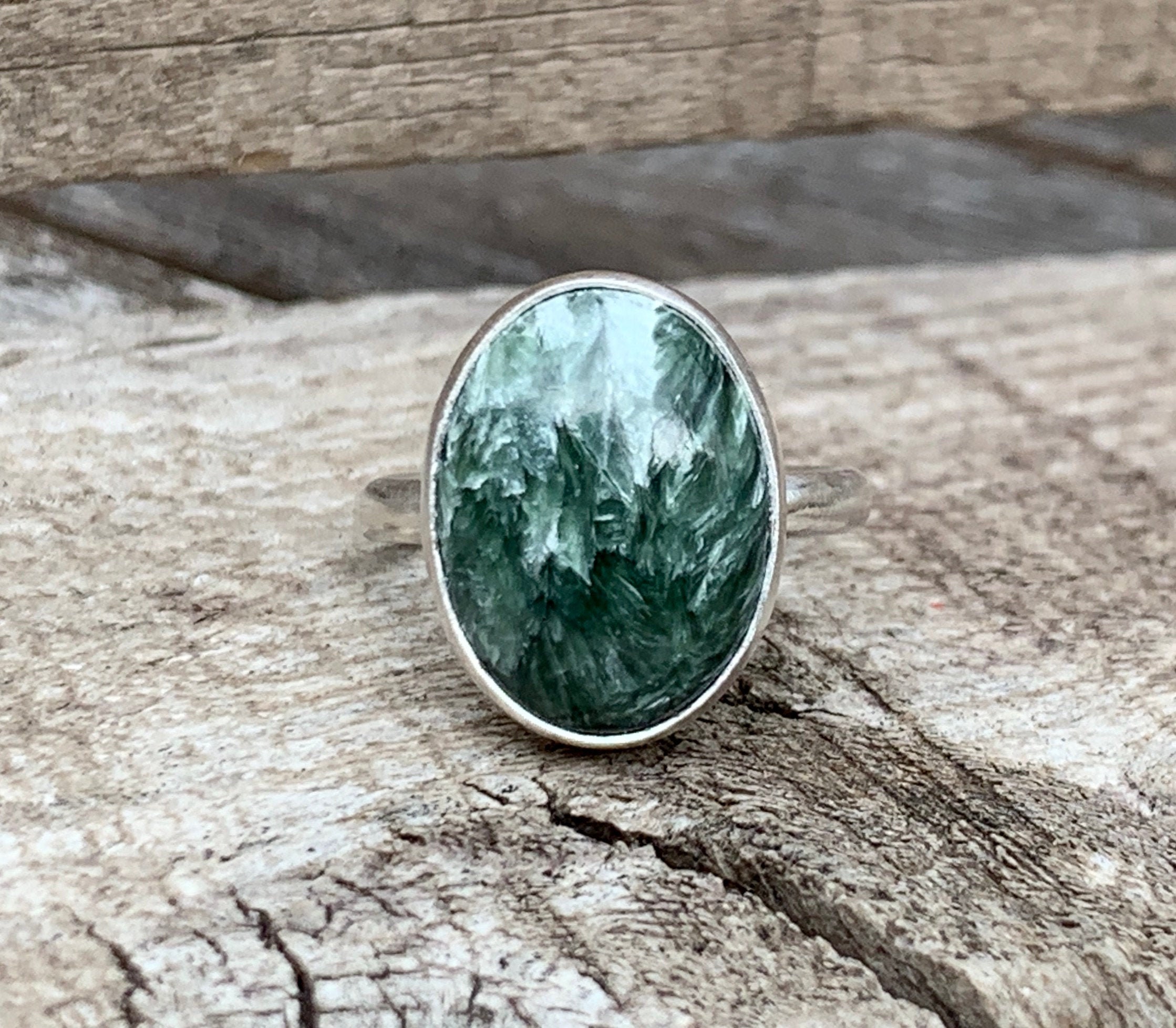Elegant Luminescent Oval Green And White Seraphinite Sterling Silver Solitaire Ring | Swirly Gemstone Ring |