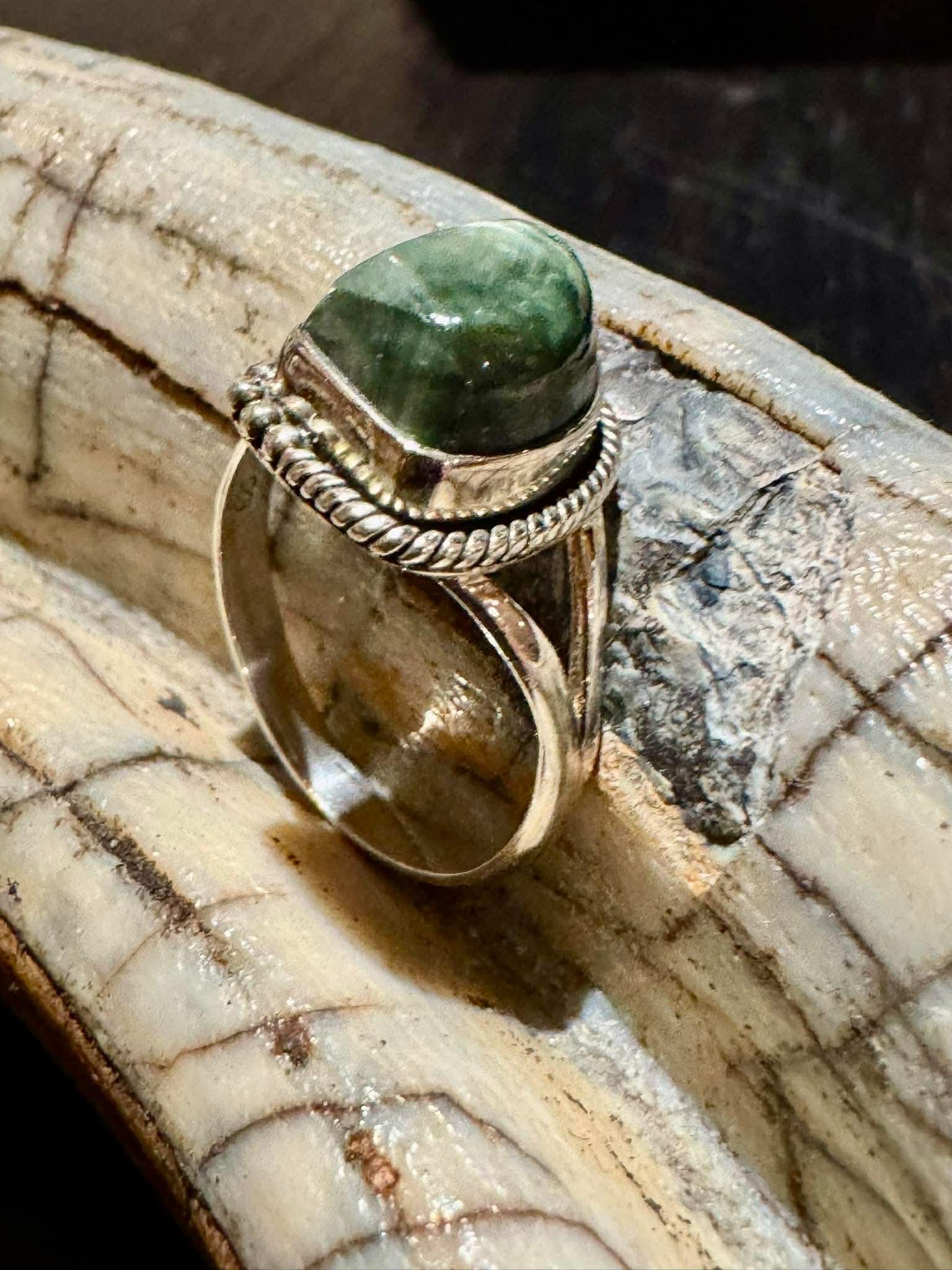 Green Seraphinite Gemstone Ring Size-8