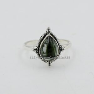 Green Seraphinite Pear Ring: Handmade 925 Sterling Silver Statement Jewelry