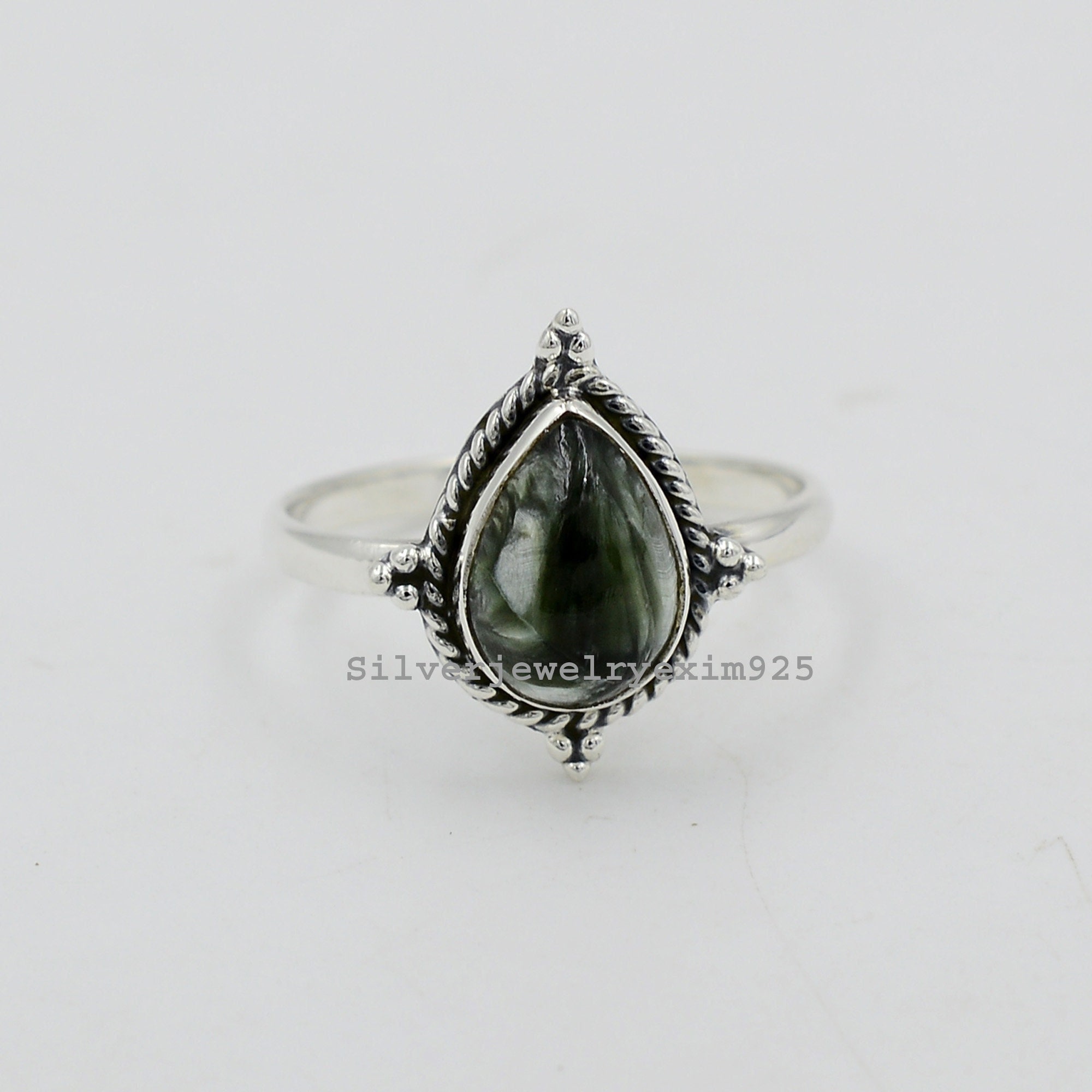 Green Seraphinite Pear Ring: Handmade 925 Sterling Silver Statement Jewelry